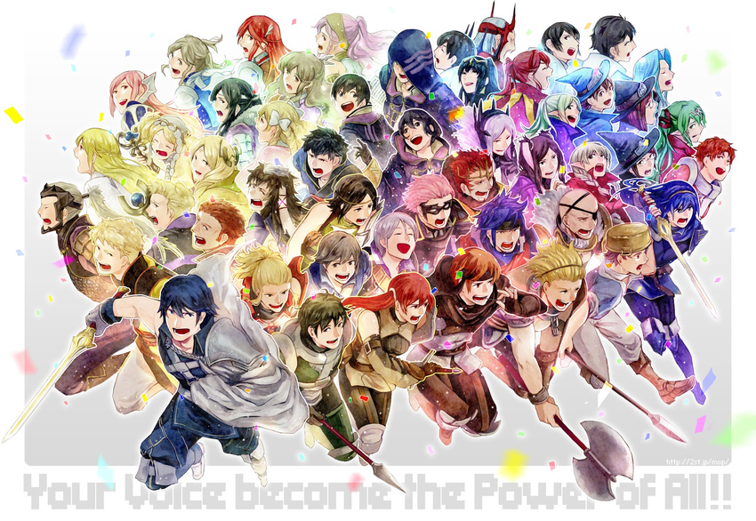 6+girls animal_ears anna_(fire_emblem) armor axe azur_(fire_emblem) bald basilio black_hair blonde_hair blue_eyes blue_hair boots braid bredy_(fire_emblem) brown_hair bunny_ears callum_(fire_emblem) cape chambray chiki circlet closed_eyes cynthia_(fire_emblem) dark_skin degel donny_(fire_emblem) drill_hair earrings emerina engrish eudes_(fire_emblem) everyone eyepatch fingerless_gloves fire_emblem fire_emblem:_kakusei flavia_(fire_emblem) frederik_(fire_emblem) gaia_(fire_emblem) gangrel glasses gloves green_eyes green_hair grego hair_between_eyes hair_ornament hair_ribbon hat henry_(fire_emblem) highres hood inverse_(fire_emblem) jerome_(fire_emblem) jewelry krom laurent lenha_(fire_emblem) liz_(fire_emblem) long_hair long_sleeves lucina male_my_unit_(fire_emblem:_kakusei) mamkute mariabel_(fire_emblem) mark_(female)_(fire_emblem) mark_(fire_emblem) mark_(male)_(fire_emblem) miriel_(fire_emblem) moppect multiple_boys multiple_girls my_unit_(fire_emblem:_kakusei) nn_(fire_emblem) noire_(fire_emblem) nono_(fire_emblem) olivia_(fire_emblem) open_mouth orange_hair pink_hair pointy_ears polearm ponytail priam ranguage red_eyes red_hair ribbon richt_(fire_emblem) riviera_(fire_emblem) ronku sairi_(fire_emblem) selena_(fire_emblem) serge_(fire_emblem) short_hair short_twintails silver_hair smile soiree solt_(fire_emblem) spear sumia sword tharja thighhighs tiamo twintails valhalt velvet_(fire_emblem) viole_(fire_emblem) weapon witch_hat wyck