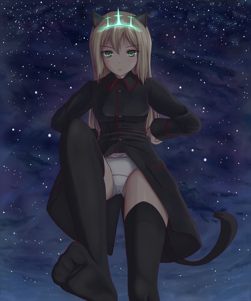 absurdres animal_ears black_legwear blonde_hair blush cat_ears cat_tail cloud feet from_below fuu_maumau glowing green_eyes hands_on_hips heinrike_prinzessin_zu_sayn-wittgenstein highres hirschgeweih_antennas long_hair looking_down military military_uniform night night_sky noble_witches panties pantyshot pov_feet sky solo star star_(sky) starry_background starry_sky tail thighhighs underwear uniform white_panties world_witches_series