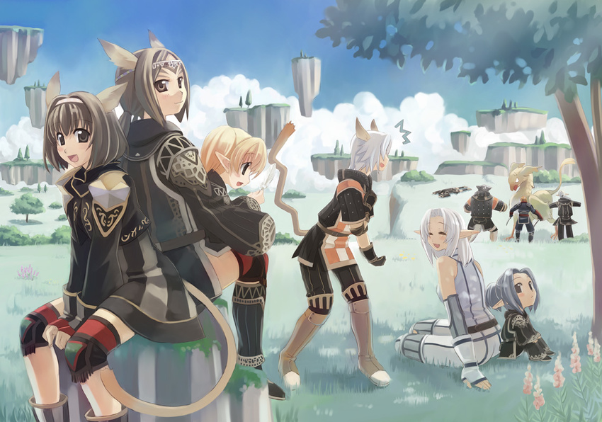 4boys 6+girls animal_ears armor bad_id bad_pixiv_id battle between_legs blonde_hair blush brown_eyes brown_hair cat_tail circlet cloud day death elf elvaan fighting_stance final_fantasy final_fantasy_xi floating_island galka gloves grass griffin hairband hand_between_legs hume long_hair looking_at_another looking_at_viewer mithra multiple_boys multiple_girls naruse_chisato ninja_(final_fantasy) pointy_ears ponytail short_hair short_twintails sitting sitting_on_lap sitting_on_person sky surprised tail tarutaru tree twintails white_hair