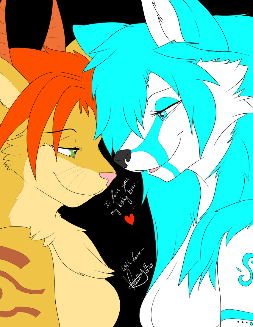 anthro black_background breasts canine couple duo english_text eye_contact feline female females happy hybrid love mammal open_mouth plain_background side_view smile text voshiket wolf