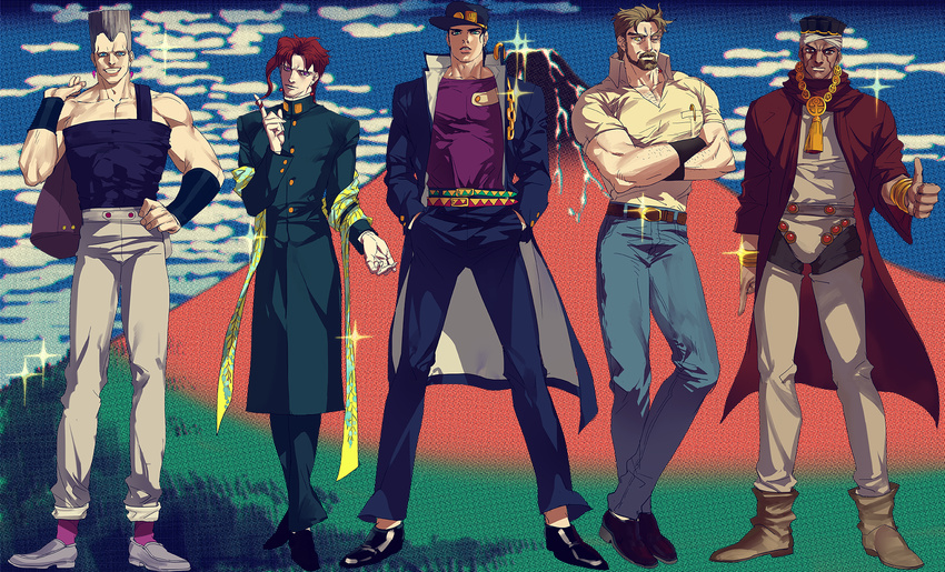 black_hair dark_skin dark_skinned_male emg_(christain) grey_hair hat highres jean_pierre_polnareff jojo_no_kimyou_na_bouken joseph_joestar kakyouin_noriaki kuujou_joutarou long_coat mohammed_avdol multiple_boys red_hair