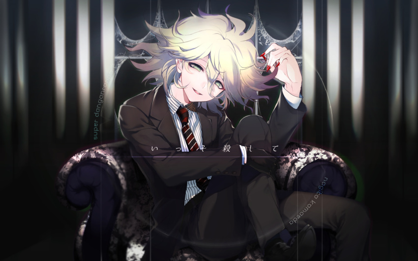 1boy ahoge alternate_costume arm_up armchair black_footwear black_gloves black_jacket black_legwear chair character_name commentary_request danganronpa eyebrows_visible_through_hair fingernails formal gloves green_eyes half-closed_eyes hand_on_own_knee jacket kaname_akihito komaeda_nagito long_hair looking_at_viewer male_focus multicolored_neckwear nail_polish necktie open_eyes open_mouth red_nails shirt sitting solo striped striped_shirt suit super_danganronpa_2 white_hair white_shirt
