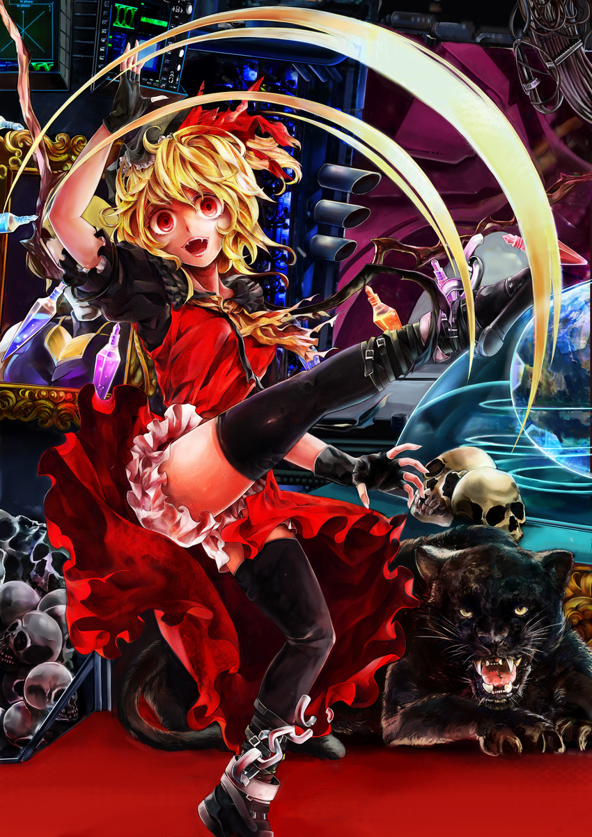 absurdres adapted_costume ascot black_gloves black_hat black_legwear blonde_hair bloomers cosplay dress fangs fingerless_gloves flandre_scarlet genocide_cutter gloves hat hat_ribbon highres hologram kicking leg_up lipstick looking_at_viewer m.u.g.e.n makeup open_mouth panther picture_frame pile_of_skulls pinafore_dress poyan_noken puffy_short_sleeves puffy_sleeves red_dress red_eyes red_ribbon ribbon rugal_bernstein rugal_bernstein_(cosplay) shoes short_hair short_sleeves side_ponytail skull thighhighs touhou underwear wings