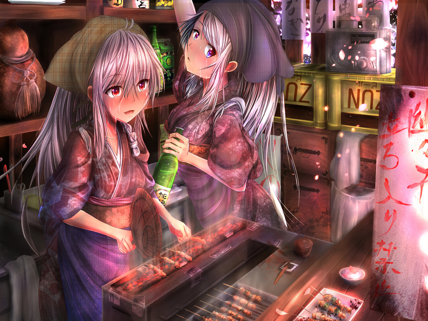 :o alternate_costume alternate_hairstyle apron arm_up bandaid beer_crate blue_eyes blue_hair bottle buckle cooking eel fan floral_print food food_stand fujiwara_no_mokou gourd grill indoors japanese_clothes kamishirasawa_keine kimono liquor long_hair looking_back meat multiple_girls paper_fan parted_lips plate pops radio red_eyes shelf soy_sauce standing steam stick sweat tasuki touhou trash_can uchiwa white_hair window yatai