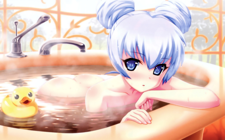 absurdres artist_request ass bathing bathtub blue_eyes blue_hair blush collarbone double_bun highres looking_at_viewer muvluv muvluv_alternative nude parted_lips partially_submerged rubber_duck scan solo steam yashiro_kasumi