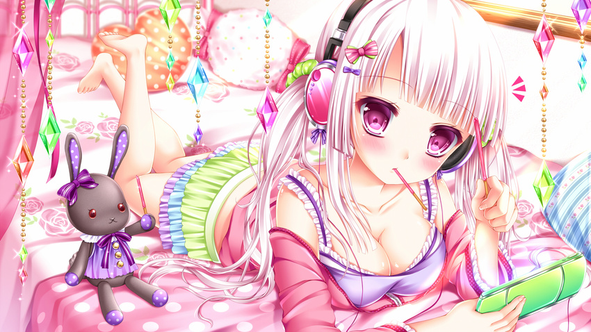 barefoot bed blush breasts cleavage food headphones highres long_hair lying medium_breasts mouth_hold on_stomach original pillow pink_hair pocky purple_eyes shitou skirt solo strawberry_pocky stuffed_animal stuffed_bunny stuffed_toy twintails