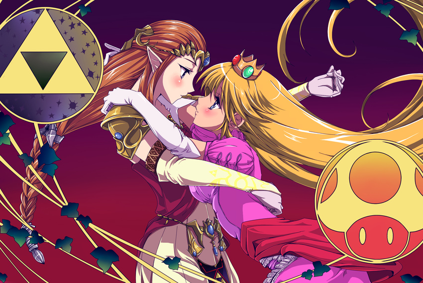 armlet armor blonde_hair blue_eyes blush braid bridal_gauntlets company_connection crossover crown dress elbow_gloves eye_contact from_side gem gloves highres hug ichiori long_hair looking_at_another low-tied_long_hair mario_(series) miko_embrace multiple_girls mushroom parody pink_dress pointy_ears princess princess_peach princess_zelda profile red_dress shoulder_pads single_braid super_mario_bros. the_legend_of_zelda the_legend_of_zelda:_twilight_princess tiara triangle triforce very_long_hair white_gloves yellow_dress yuri