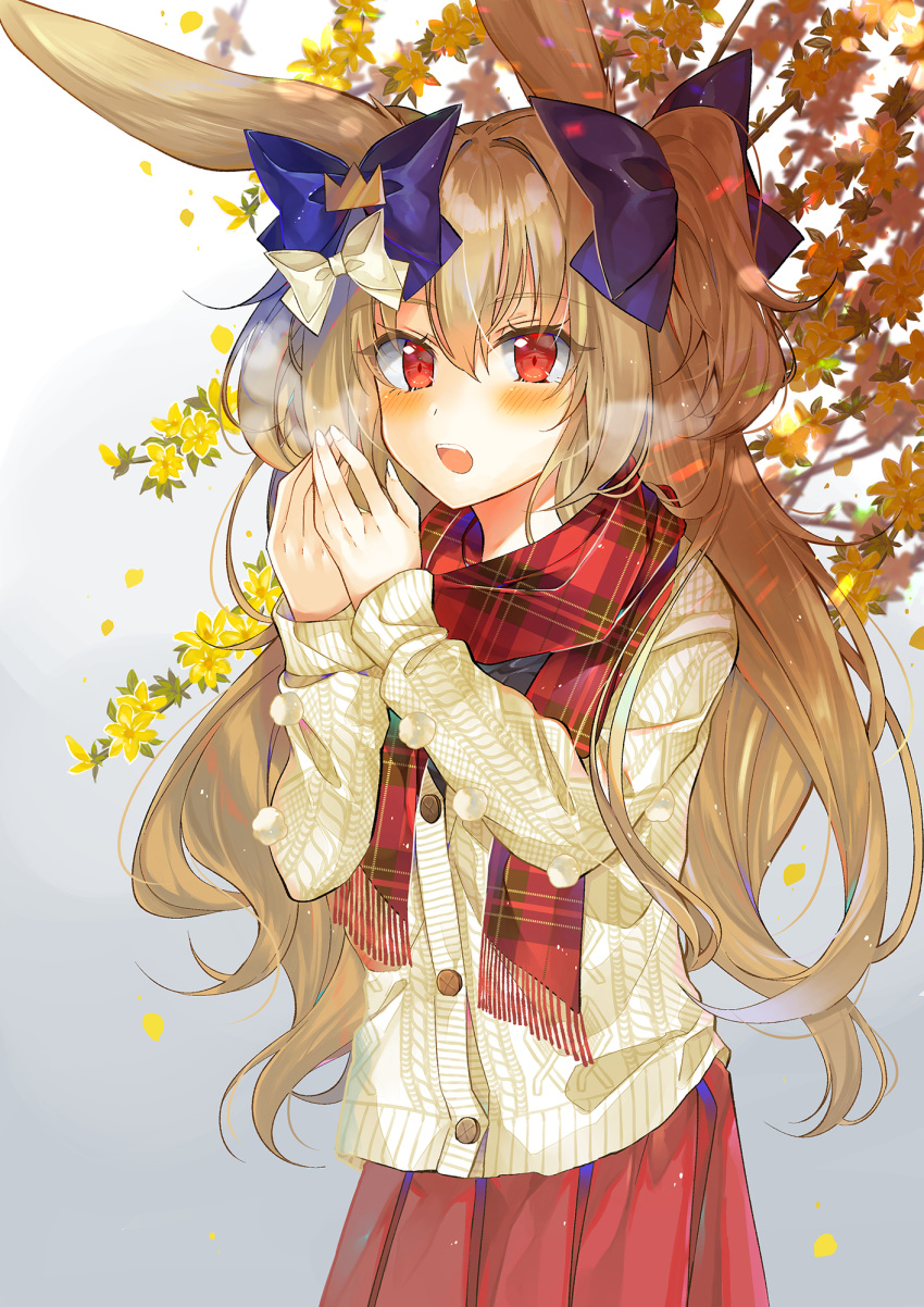 1girl animal_ears aran_sweater blue_bow blush bow breathing_on_hands brown_hair bunny_ears commentary_request fingernails gradient gradient_background grey_background hair_bow highres long_hair long_sleeves monaka_natsume open_mouth original plaid plaid_scarf pleated_skirt red_eyes red_scarf red_skirt scarf skirt sleeves_past_wrists solo sweater tree_branch two_side_up very_long_hair white_background white_bow white_sweater yellow_bow