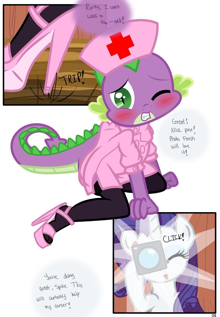 ambiguous_gender anthro blush camera comic cub dragon english_text equine eyeshadow female friendship_is_magic fur girly green_eyes hi_res high_heels horn inside kneeling legwear makeup male mammal my_little_pony nurse nurse_uniform one_eye_closed open_mouth pose purple_scales pyruvate rarity_(mlp) slit_pupils spike spike_(mlp) spines stockings teeth text tripped tripping unicorn white_fur young