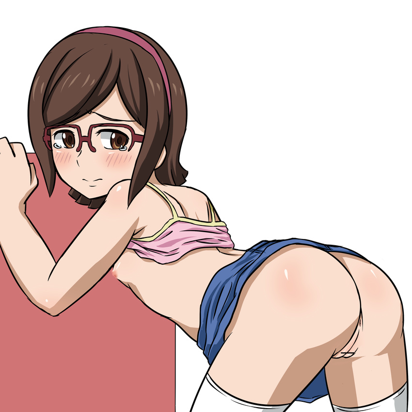1girl absurdres ass bent_over blush breasts brown_eyes brown_hair censored female glasses gundam gundam_build_fighters hairband highres kousaka_china looking_back nipples pussy rountain shirt_lift short_hair simple_background skirt skirt_lift small_breasts solo tears thighhighs white_background white_legwear
