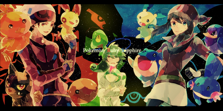 1girl bandana brown_hair fingerless_gloves gen_3_pokemon gloves green_hair groudon haruka_(pokemon) highres kyogre letterboxed long_hair minun mitsuru_(pokemon) mudkip okii plusle pokemon pokemon_(creature) pokemon_(game) pokemon_oras pokemon_rse poochyena short_hair taillow torchic trapinch treecko yuuki_(pokemon)