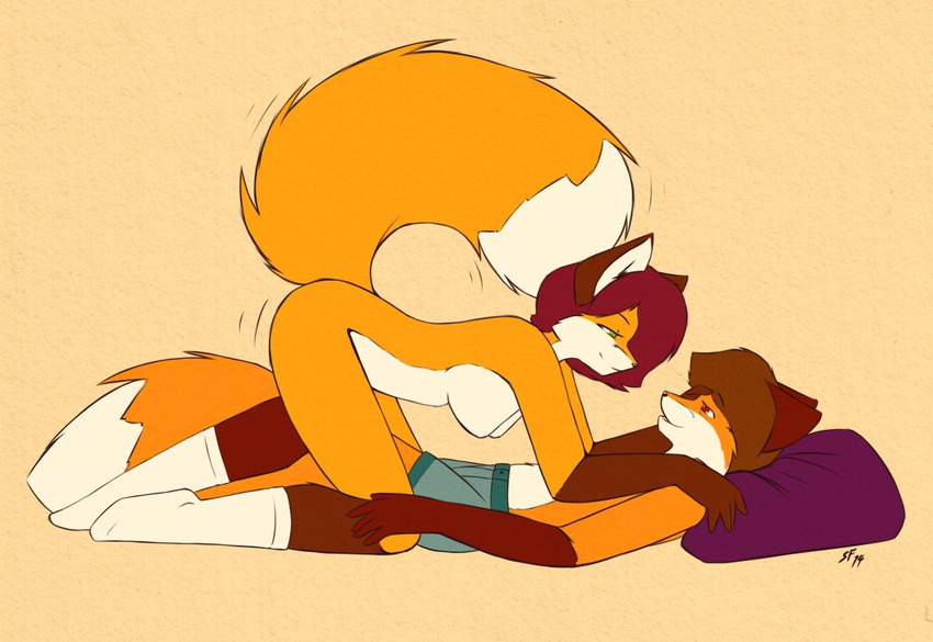 anthro big_breasts black_nose breasts brown_eyes brown_hair canine clothing duo eye_contact female fluffy_tail fox fur green_eyes hair magenta_hair male mammal nude orange_fur plain_background shorts socks starfighter straight topless underwear