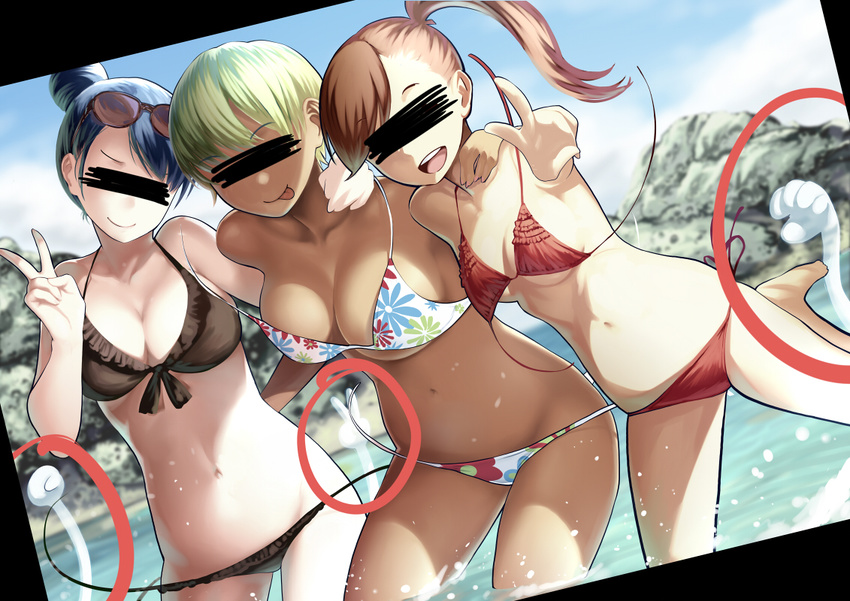 :p bikini black_bikini blonde_hair blue_hair breasts brown_hair censored cleavage dark_skin eyewear_on_head identity_censor large_breasts multiple_girls open_mouth original red_bikini short_hair side_ponytail smile sunglasses swimsuit tongue tongue_out twinpoo v wardrobe_malfunction