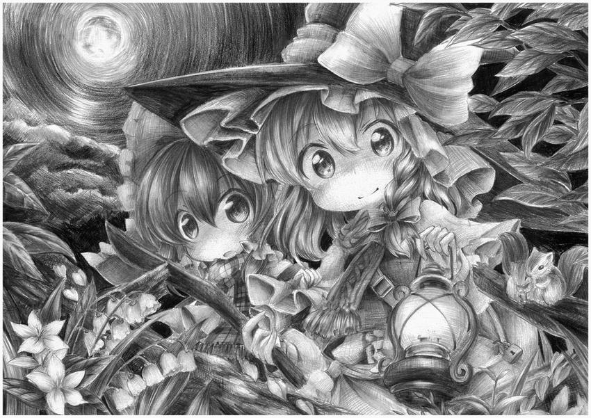 :0 animal bow braid dark flower full_moon graphite_(medium) greyscale hair_bow hakurei_reimu hat kirisame_marisa lantern leaf lily_(flower) lock long_hair looking_at_viewer monochrome moon multiple_girls night no_nose scarf smile squirrel tobi_(nekomata_homara) touhou traditional_media witch_hat