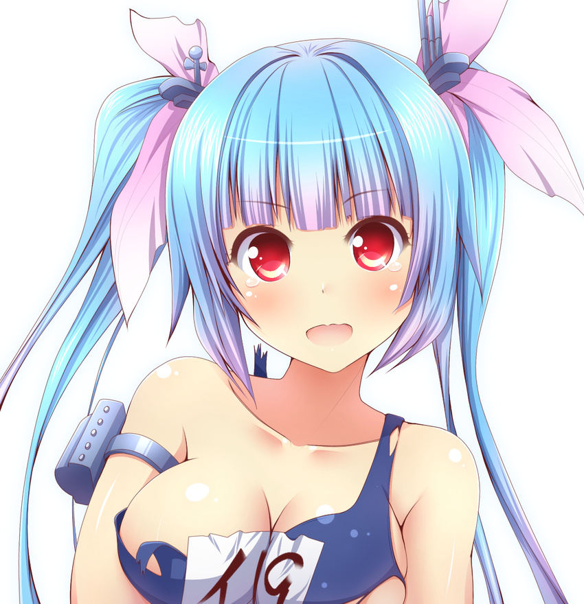 blue_hair blush breasts collarbone commentary_request eyebrows_visible_through_hair hair_ribbon highres i-19_(kantai_collection) kantai_collection ki_(kk-sk-ray) large_breasts long_hair one-piece_swimsuit open_mouth red_eyes ribbon school_swimsuit solo swimsuit torn_clothes twintails