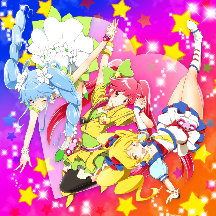 absurdres aino_megumi alternate_form blonde_hair blue_eyes blue_hair boots bow cure_honey cure_lovely cure_princess earrings flower flower_earrings full_body grin hair_bow hair_flower hair_ornament happinesscharge_precure! heart heart_earrings highres holding_hands jewelry knee_boots lollipop_hip_hop long_hair macadamia_hula_dance magical_girl md5_mismatch multicolored multicolored_background multiple_girls one_eye_closed oomori_yuuko pink_eyes pink_hair popcorn_cheer precure shirayuki_hime shirt skirt smile sparkle star starry_background thighhighs twintails upside-down yellow_eyes yuto_(dialique)