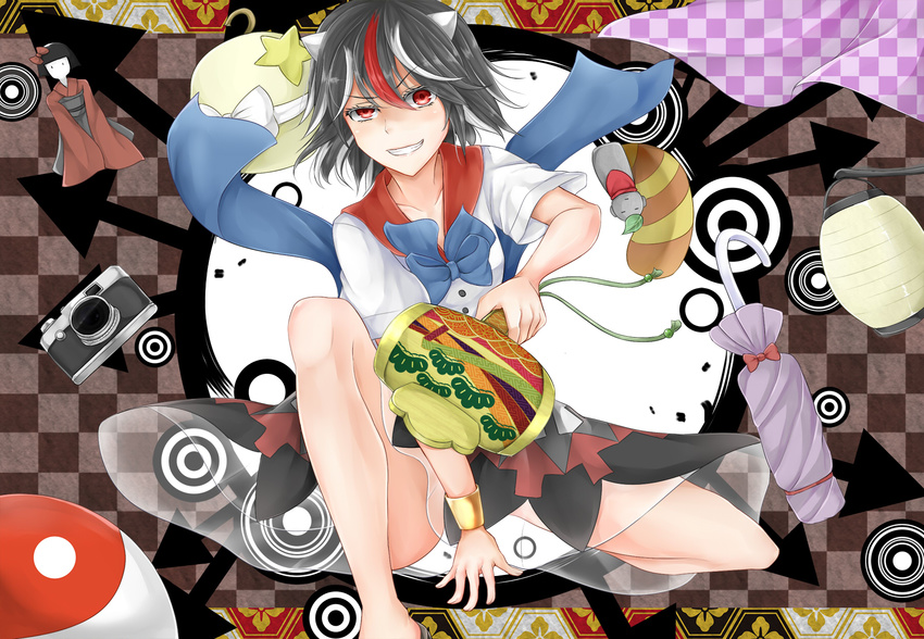 black_hair bracelet camera cape checkered closed_umbrella concentric_circles directional_arrow doll grin highres horns impossible_spell_card jewelry kijin_seija lantern mallet multicolored_hair orb paper_lantern red_eyes see-through shirt skirt smile star statue tanuki tokoya_(ex-hetare) touhou umbrella yin_yang