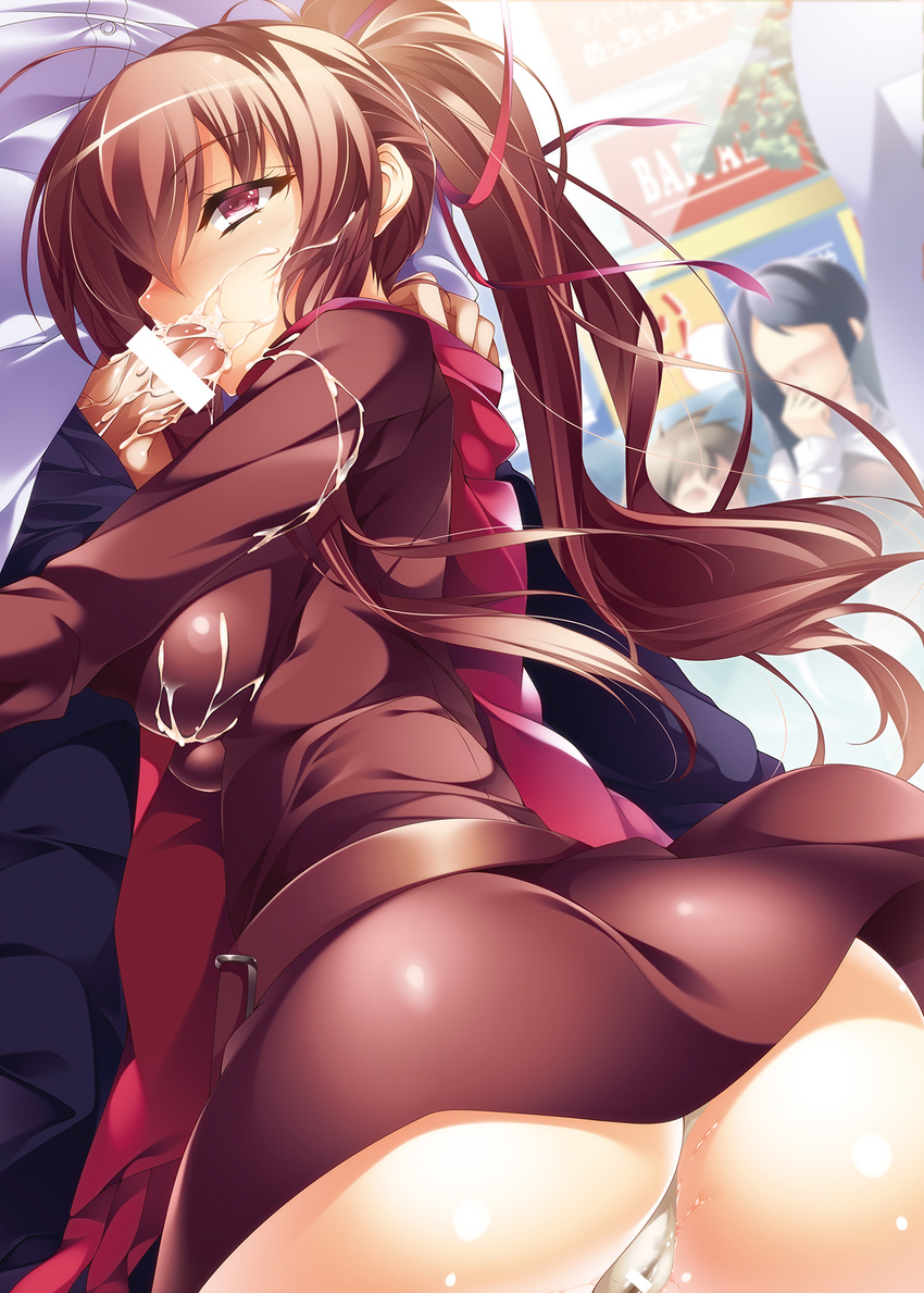 ass blurry blush brown_dress brown_eyes brown_hair censored cum cum_in_mouth cum_on_clothes depth_of_field dress fellatio highres long_hair non-web_source oral outdoors panties penis pointless_censoring ponytail public pussy_juice sakai_shizuna scarf solo_focus triangle! trif underwear watanuki_kaname wet wet_clothes wet_panties white_panties