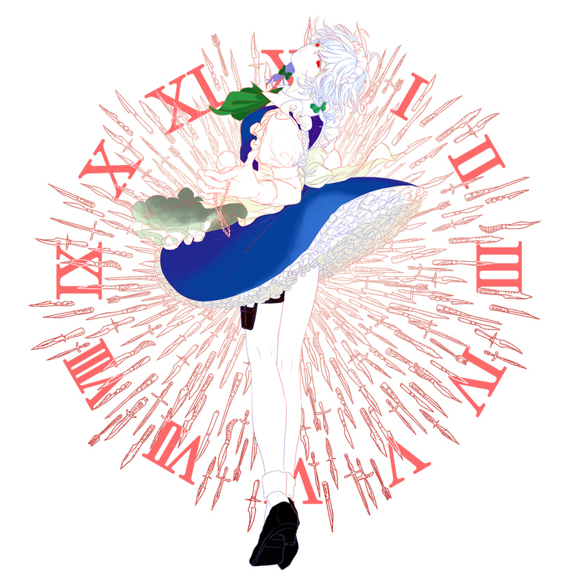 braid clock full_body head_tilt highres izayoi_sakuya kimochi knife looking_at_viewer looking_back maid maid_headdress pocket_watch red_eyes ribbon shaft_look short_hair silver_hair smile solo too_many too_many_knives touhou transparent_background twin_braids watch