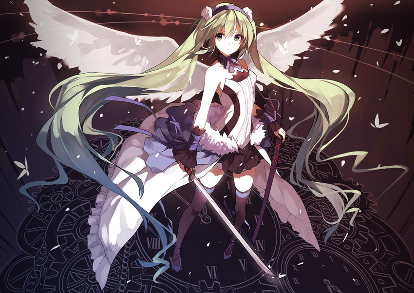 7th_dragon_(series) 7th_dragon_2020 :/ absurdly_long_hair bare_shoulders breasts bug butterfly caidychen chain clock full_body fur_trim gears green_eyes green_hair hairband hatsune_miku holding insect katana long_hair looking_at_viewer neck_ribbon pleated_skirt ribbon roman_numerals sheath shoes skirt small_breasts solo standing sword thighhighs twintails very_long_hair vocaloid weapon white_wings wings