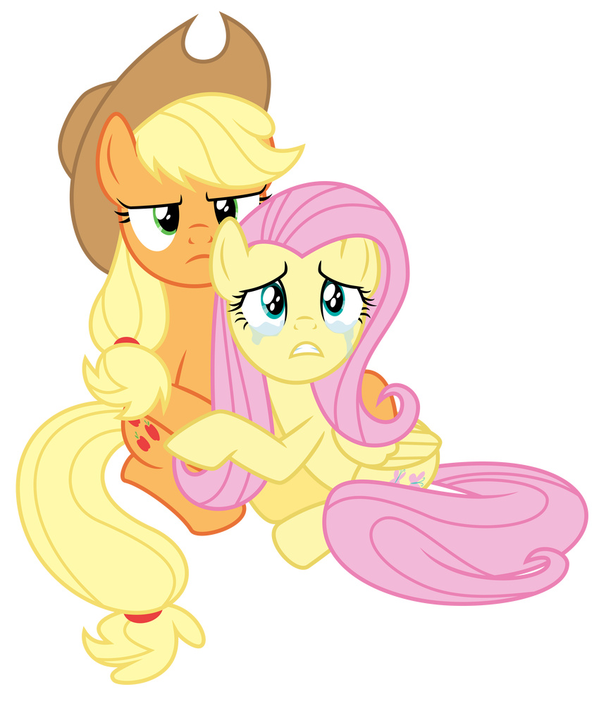 alpha_channel applejack_(mlp) blonde_hair cowboy_hat crying cutie_mark duo equine female feral fluttershy_(mlp) friendship_is_magic fur green_eyes hair hat hi_res horse long_hair mammal masemj my_little_pony orange_fur pegasus pink_hair plain_background pony sad teal_eyes tears teeth transparent_background wings yellow_fur