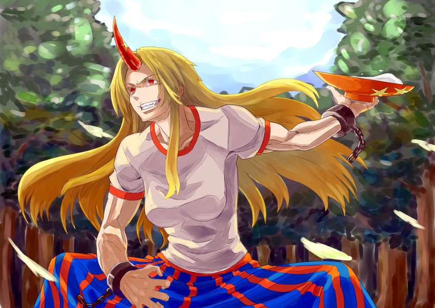 blonde_hair blue_sky breasts chain cloud cuffs cup day facing_away fang fighting_stance forest grin highres horn hoshiguma_yuugi large_breasts long_hair muscle nature outdoors red_eyes sakazuki shackles sharp_teeth short_sleeves sketch sky smile solo squatting star teeth touhou yostel