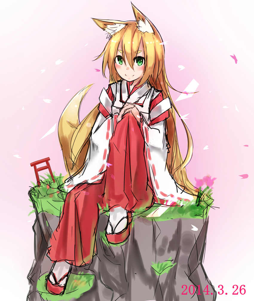 absurdres animal_ears blonde_hair blush dated fox_ears fox_tail green_eyes highres japanese_clothes long_hair miko original otokuyou sitting smile solo tail very_long_hair