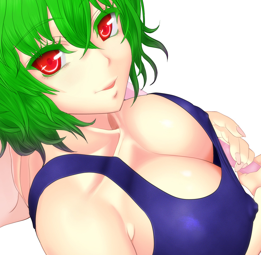 bad_anatomy bad_id bad_pixiv_id breasts cleavage close-up collarbone covered_nipples fingernails green_hair highres holding kazami_yuuka kinohino large_breasts looking_at_viewer nose parasol red_eyes sideboob simple_background solo swimsuit toned touhou umbrella wavy_hair white_background