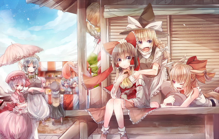 apron ascot bad_id bad_pixiv_id bat_wings blonde_hair blue_eyes blue_hair bow braid brown_eyes brown_hair cup detached_sleeves dress food gourd hair_bow hair_tubes hakurei_reimu hakurei_shrine hand_on_another's_head hat highres horn_ribbon horns ibuki_suika izayoi_sakuya karakasa_obake kawashiro_nitori kirisame_marisa komeiji_koishi long_sleeves lying maid maid_headdress multiple_girls on_stomach one_eye_closed open_mouth parasol pink_dress pink_eyes remilia_scarlet ribbon rope shimenawa shirt short_sleeves silver_hair single_braid sitting skirt sleeveless smile sugino_(patrassyar) tatara_kogasa touhou twin_braids umbrella veranda waist_apron wide_sleeves wings witch_hat yunomi