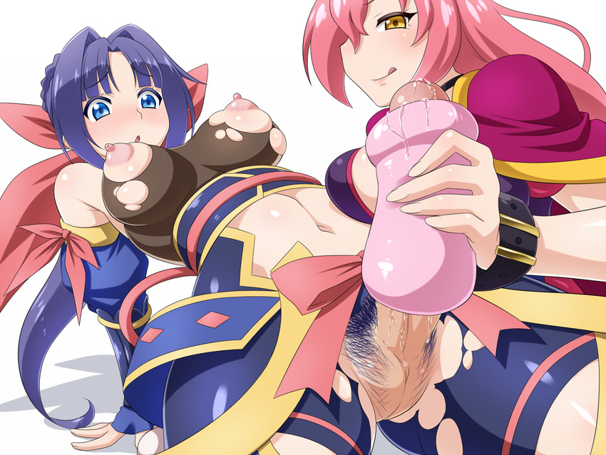 2girls ahegao artificial_vagina blue_hair breasts charachter_request futanari handjob long_hair mori_ranmaru_(sengoku_collection) multiple_girls oda_nobunaga_(sengoku_collection) penis pink_hair pubic_hair r44 ribbon sengoku_collection torn_clothes