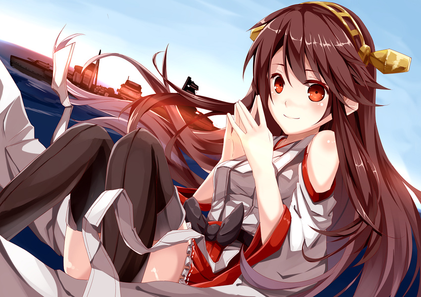 bare_shoulders black_hair black_legwear breasts brown_eyes brown_hair cannon detached_sleeves hair_ornament hairband hairclip haruna_(kantai_collection) hidaka_kouyou japanese_clothes kantai_collection long_hair medium_breasts nontraditional_miko ship skirt solo steepled_fingers sunlight thighhighs turret water watercraft