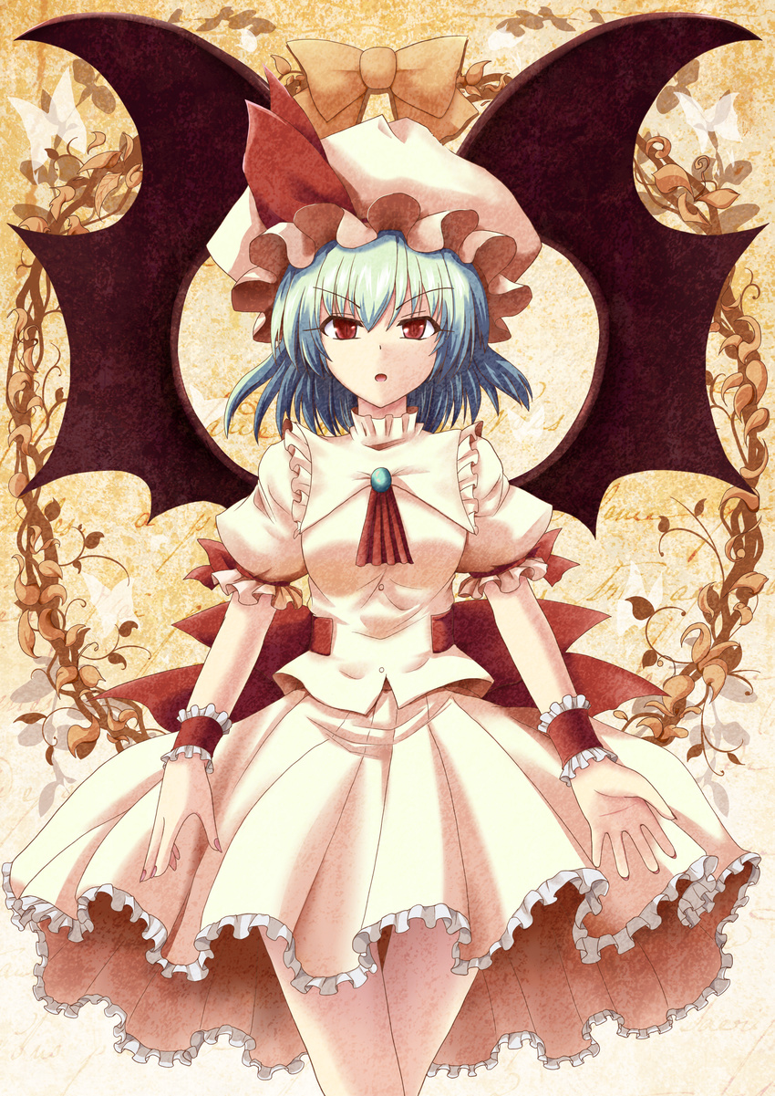 absurdres arm_ribbon ascot bat_wings blue_hair brooch dress hat hat_ribbon highres jewelry looking_at_viewer mob_cap open_mouth pink_dress puffy_sleeves red_eyes remilia_scarlet ribbon sash short_sleeves slit_pupils solo touhou uzura_purin wings wrist_cuffs