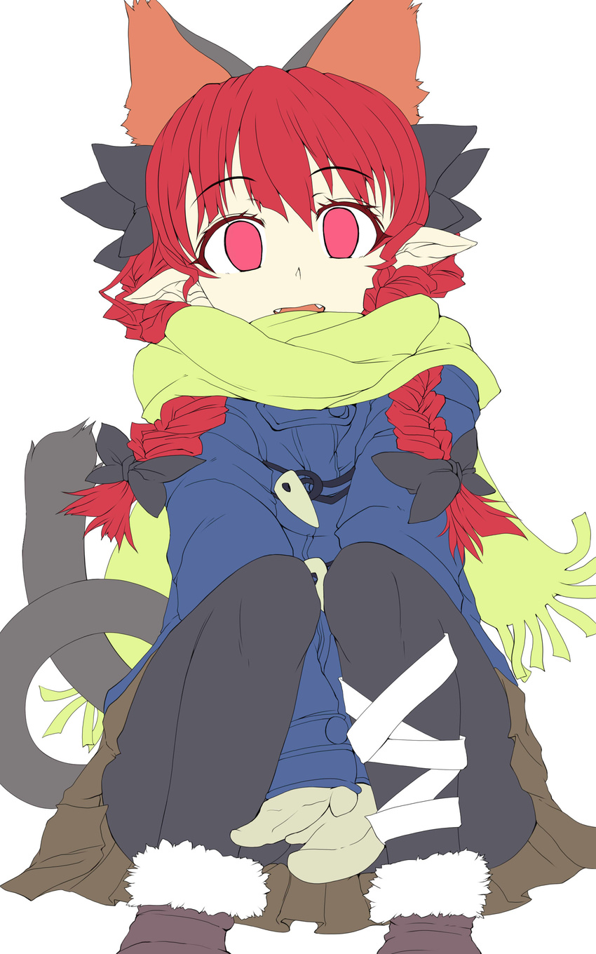 absurdres alternate_costume animal_ears bad_id bad_pixiv_id cat_ears cat_tail empty_eyes extra_ears fangs highres kaenbyou_rin konata_gazel long_hair multiple_tails panties panties_under_pantyhose pantyhose pointy_ears red_eyes red_hair scarf simple_background solo tail touhou underwear white_background