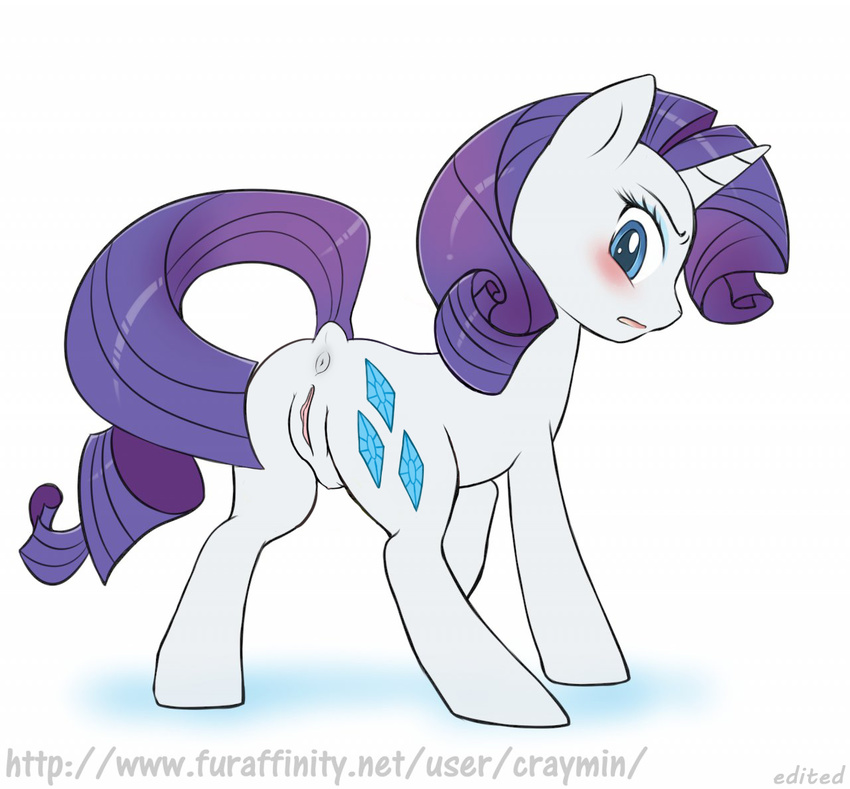 blue_eyes blush butt craymin edit equine female feral friendship_is_magic hair horn invalid_background mammal my_little_pony open_mouth plain_background plain_pussy pussy rarity_(mlp) solo teats unicorn white_background
