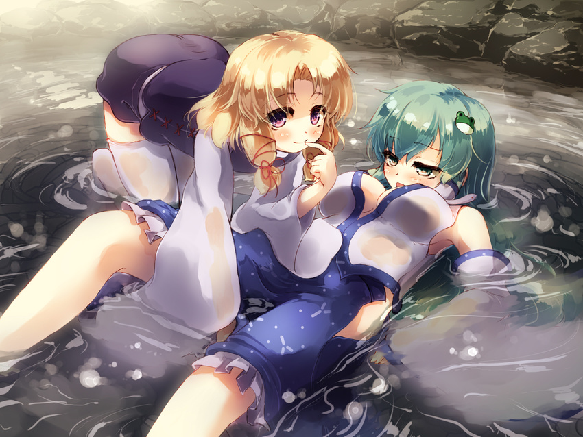 armpits bare_shoulders blonde_hair breasts cleavage detached_sleeves finger_to_mouth frog_hair_ornament gengetsu_chihiro green_eyes green_hair hair_ornament hair_ribbon highres in_water kneeling kochiya_sanae large_breasts long_sleeves looking_at_viewer lying moriya_suwako multiple_girls no_bra no_hat no_headwear on_back open_clothes open_mouth open_skirt pink_eyes ribbon see-through shirt skirt skirt_set smile snake_hair_ornament thighhighs touhou vest wet wet_clothes wet_shirt wet_skirt white_legwear wide_sleeves zettai_ryouiki