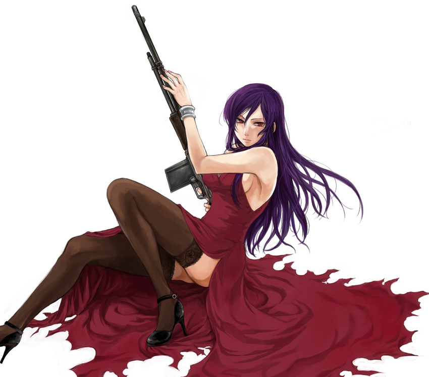 armpits bad_id bad_pixiv_id bracelet breasts dress genderswap genderswap_(mtf) gun gundam gundam_00 high_heels highres jewelry large_breasts long_hair m1918_bar machine_gun mishima_ssuru purple_hair red_eyes rifle shoes sideboob solo thighhighs tieria_erde weapon