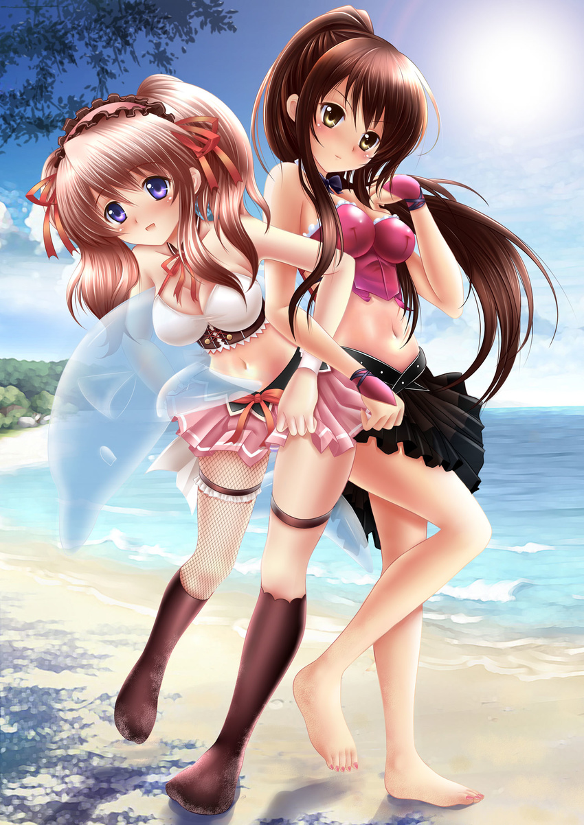 asahina_mikuru bad_feet bare_shoulders barefoot beach blue_eyes bow bowtie brown_eyes brown_hair bustier cloud day error genderswap genderswap_(mtf) highres kyonko legs lingerie locked_arms long_hair maid_headdress midriff multiple_girls nail_polish navel obiwan ocean outdoors pink_nails skirt socks sun suzumiya_haruhi_no_yuuutsu toenail_polish twintails underwear