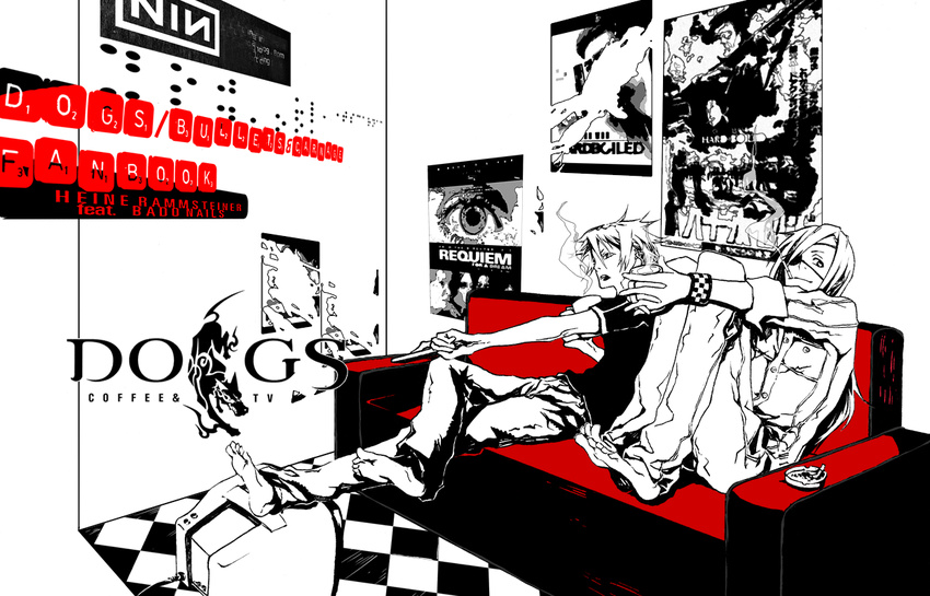 bad_id bad_pixiv_id badou_nails barefoot cigarette couch dogs:_bullets_&amp;_carnage eyepatch haine_rammsteiner male_focus monochrome multiple_boys nine_inch_nails smoking spot_color television uzausa