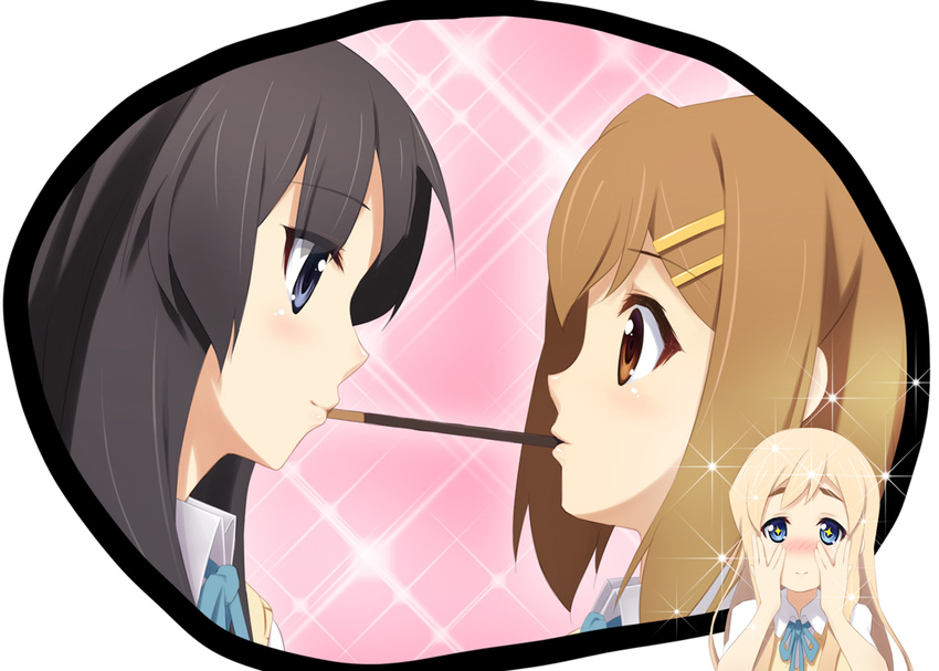 3girls akiyama_mio blush eye_contact food fujirin ga-rei ga-rei_zero hair_ornament hairclip hirasawa_yui imagining k-on! kotobuki_tsumugi lips look-alike looking_at_another mouth_hold multiple_girls parody pocky pocky_kiss school_uniform shared_food sparkle yuri yurijoshi