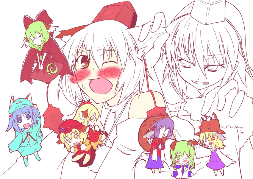 aki_minoriko aki_shizuha animal_ears bad_id bad_pixiv_id chibi inubashiri_momiji kagiyama_hina katori_somekoo kawashiro_nitori kochiya_sanae moriya_suwako multiple_girls shameimaru_aya touhou two_side_up wolf_ears yasaka_kanako