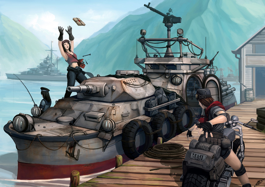 barrel boat commentary delivery fingerless_gloves fishing fishing_rod gas_can gloves ground_vehicle gun hat jerry_can mail military military_vehicle motor_vehicle motorcycle mountain multiple_girls ocean okita original panzerkampfwagen_iv pier rope ship tank turret watercraft weapon wrench