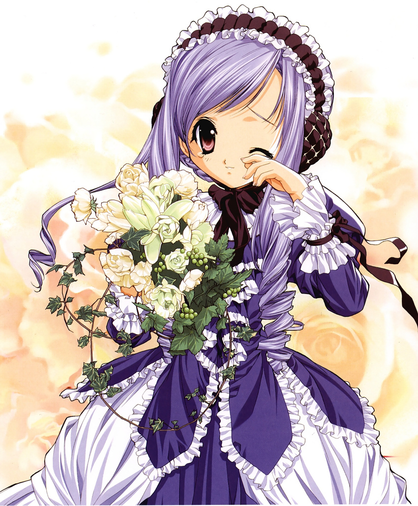 aria_(sister_princess) bouquet chin_strap dress drill_hair floral_background flower frilled_dress frilled_sleeves frills hairband highres lolita_fashion lolita_hairband long_hair long_sleeves looking_at_viewer one_eye_closed plant purple_hair red_eyes rose sister_princess solo tears tenhiro_naoto vines white_flower white_rose wiping_tears