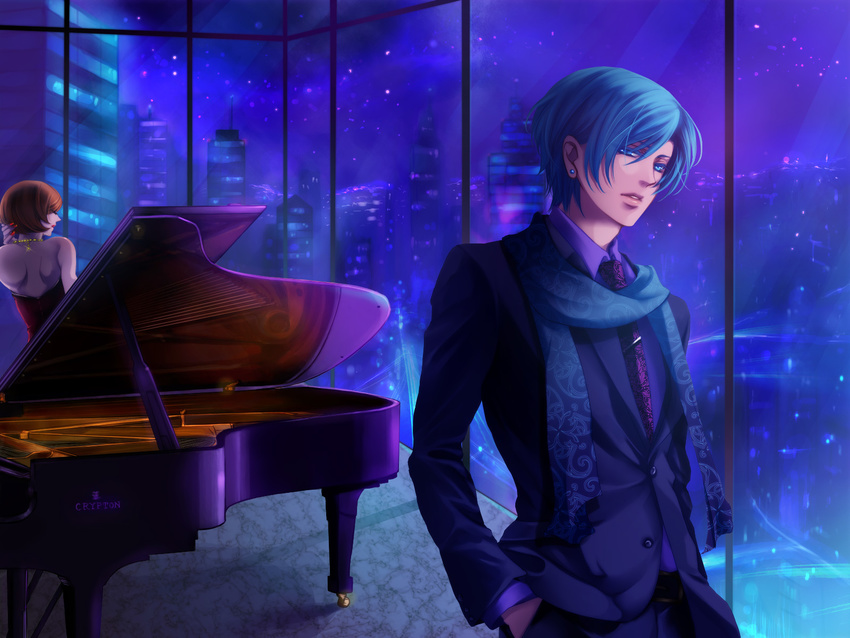 1girl bad_id bad_pixiv_id blue_eyes blue_hair blue_scarf brown_hair cityscape dress formal grand_piano highres instrument kaito lipstick makeup meiko nail_polish necktie piano red_dress red_nails scarf short_hair suit vocaloid wii_hola