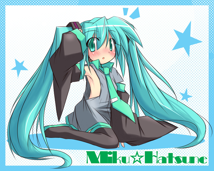 aqua_hair blush hatsune_miku long_hair oversized_clothes solo thighhighs twintails umesato_yukino very_long_hair vocaloid younger