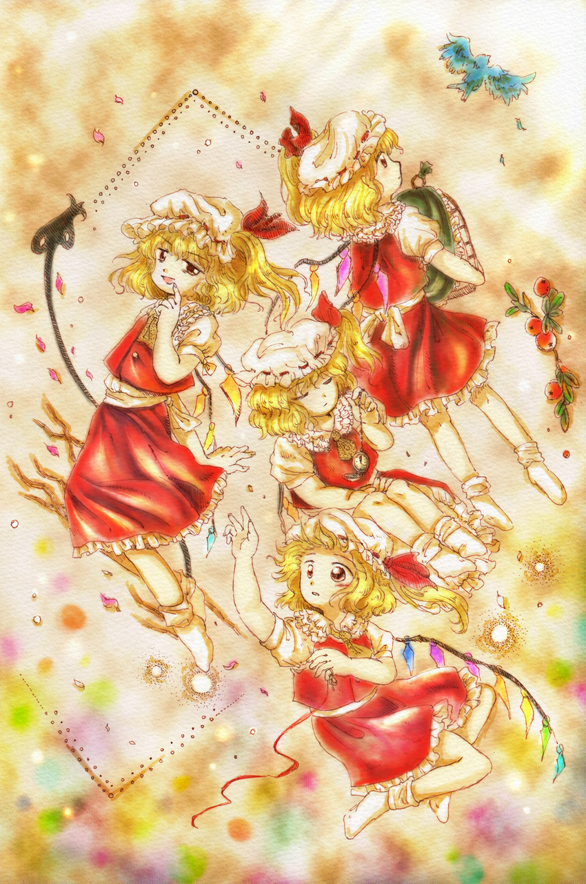 ascot bird blonde_hair closed_eyes flandre_scarlet four_of_a_kind_(touhou) hat hat_ribbon highres laevatein looking_at_viewer mdnk mob_cap multiple_girls oota_jun'ya_(style) open_mouth petals pocket_watch puffy_sleeves reaching_out red_eyes ribbon shirt short_sleeves side_ponytail skirt skirt_set smile touhou vest watch wings