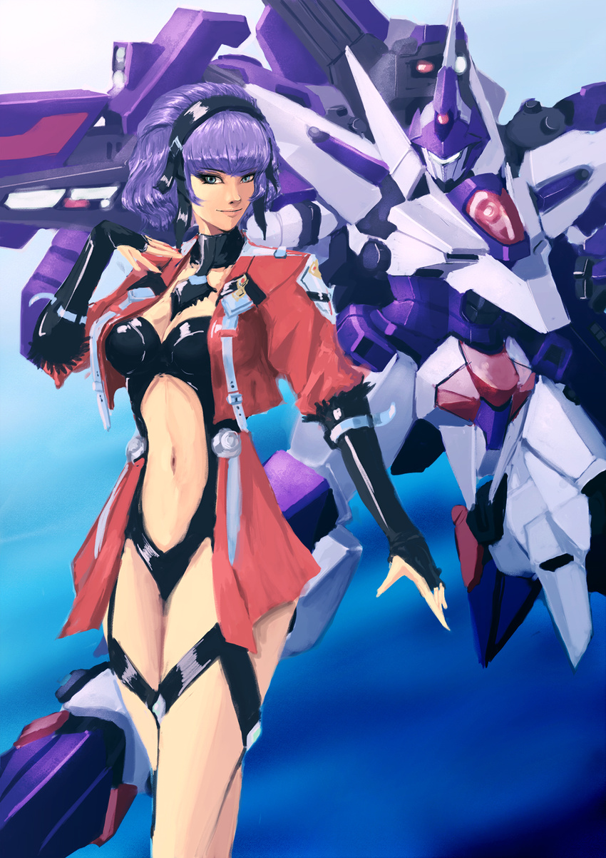 aqua_centolm breasts bridal_gauntlets cerberus_(srw) cleavage green_eyes hairband highres jacket kadej large_breasts mecha purple_hair solo super_robot_wars super_robot_wars_mx