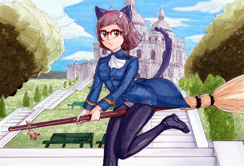 absurdres animal_ears bad_id bad_pixiv_id beargguy_iii bench black_legwear broom brown_eyes brown_hair cat_ears cat_tail cloud cosplay crotch_seam day glasses gundam gundam_build_fighters hairband hayami_jin highres kousaka_china looking_at_viewer military military_uniform panties panties_under_pantyhose pantyhose perrine_h_clostermann perrine_h_clostermann_(cosplay) short_hair sky stairs strike_witches tail traditional_media tree underwear uniform world_witches_series