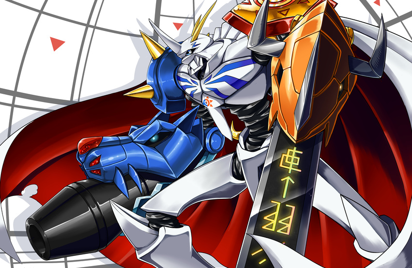 armor blue_eyes cape digimoji digimon glowing glowing_eyes hawe_king highres horns no_humans omegamon solo spikes sword weapon yellow_eyes