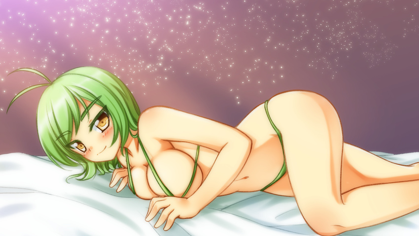 blush borrowed_character breasts green_hair highres large_breasts looking_at_viewer lying minaha_(playjoe2005) original smile solo swimsuit yellow_eyes