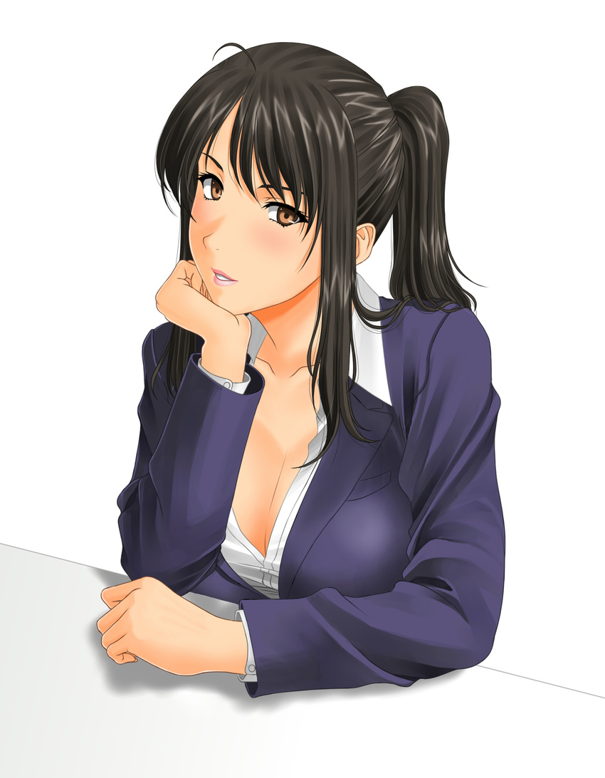 bad_id bad_pixiv_id black_hair blush breasts brown_eyes chin_rest cleavage highres jacket large_breasts long_hair muryuuin_tayun office_lady original ponytail smile solo